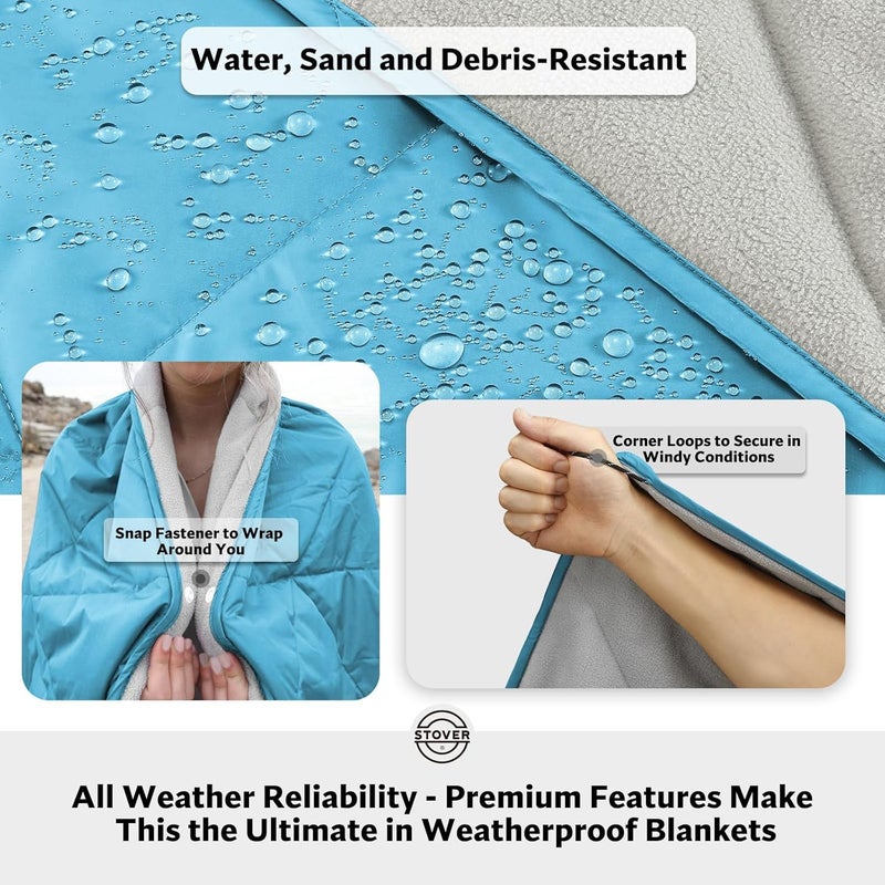 STOVER Outdoor Waterproof Fleece Travel Blanket for Camping, Picnics, Stadiums, Sports, The Beach– Warm, Windproof, Compact, Lightweight & Sand-Resistant (Sky Blue) - Image 2